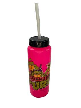 Vintage TMNT 1988 Teenage Mutant Ninja Turtles PINK Water Bottle w Straw